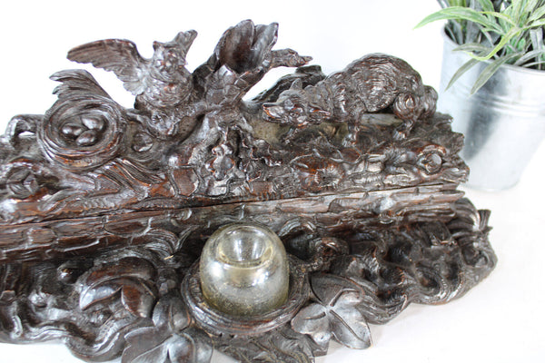 Antique 19thc black forest swiss wood carved desk inwell owl fox rare