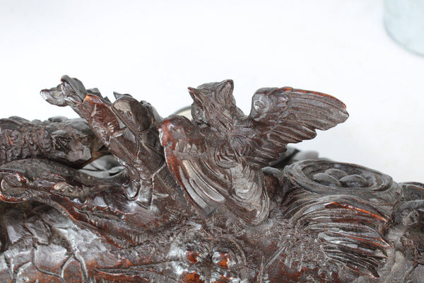 Antique 19thc black forest swiss wood carved desk inwell owl fox rare