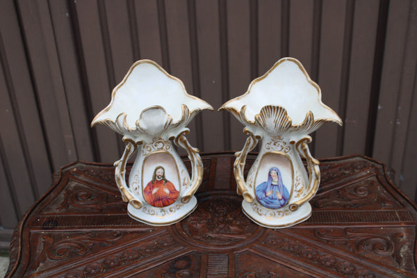 PAIR antique vieux paris porcelain mary jesus portrait religious altar vases