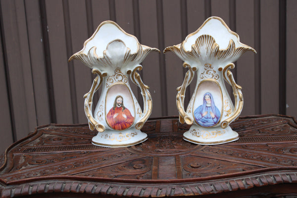 PAIR antique vieux paris porcelain mary jesus portrait religious altar vases