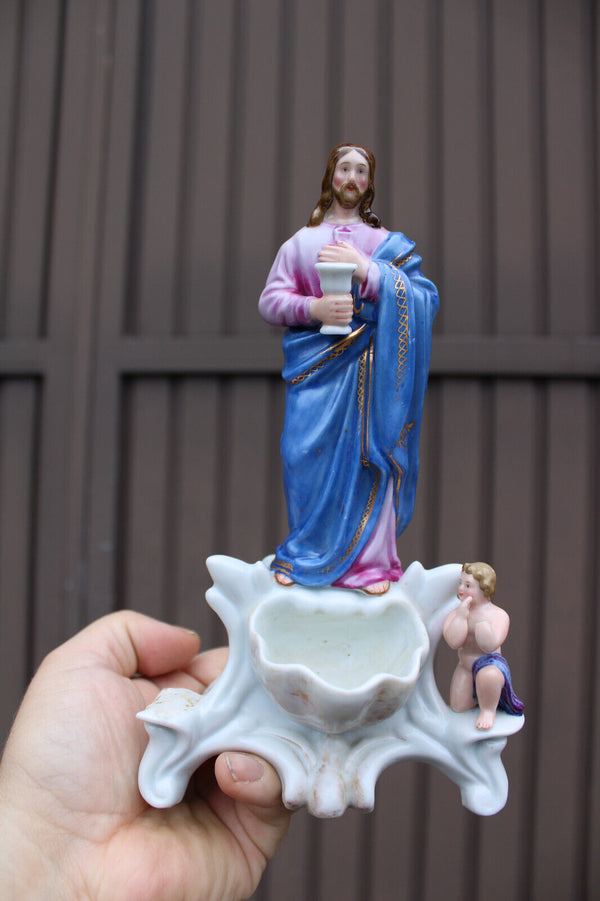 Antique french vieux paris porcelain 19thc jesus angel holy water font statue