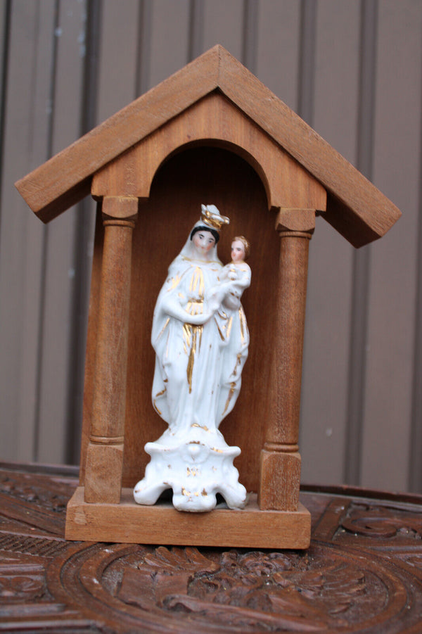 Antique french vieux paris porcelain madonna figurine wood chapel