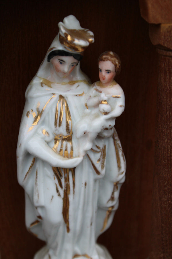 Antique french vieux paris porcelain madonna figurine wood chapel