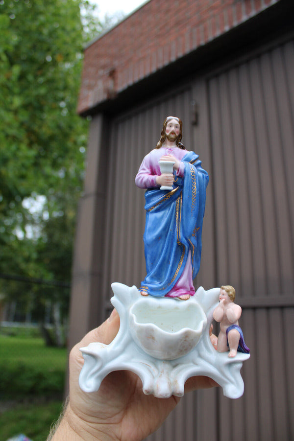 Antique french vieux paris porcelain 19thc jesus angel holy water font statue