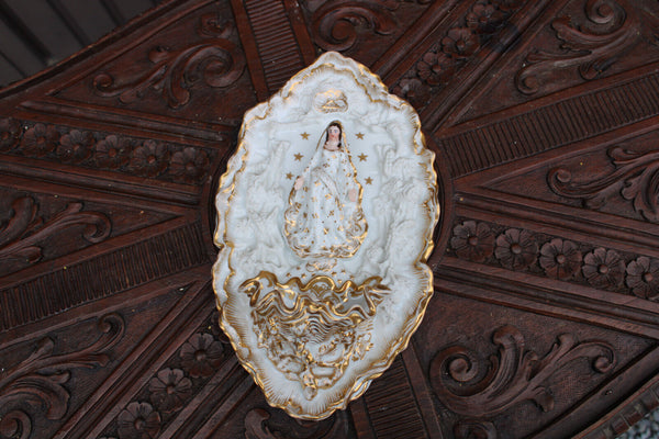 Antique french vieux paris porcelain 19thc wall holy water font madonna rare
