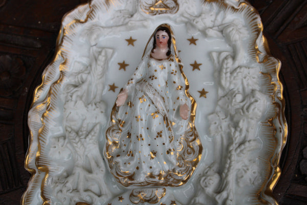 Antique french vieux paris porcelain 19thc wall holy water font madonna rare
