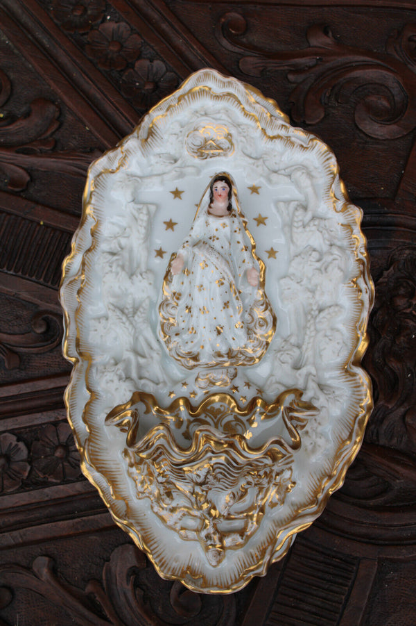 Antique french vieux paris porcelain 19thc wall holy water font madonna rare