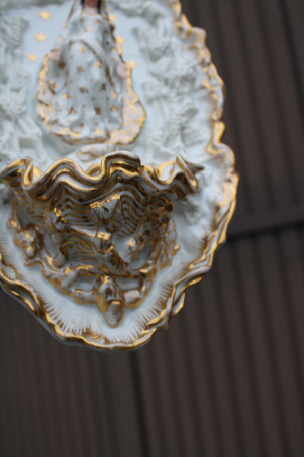 Antique french vieux paris porcelain 19thc wall holy water font madonna rare