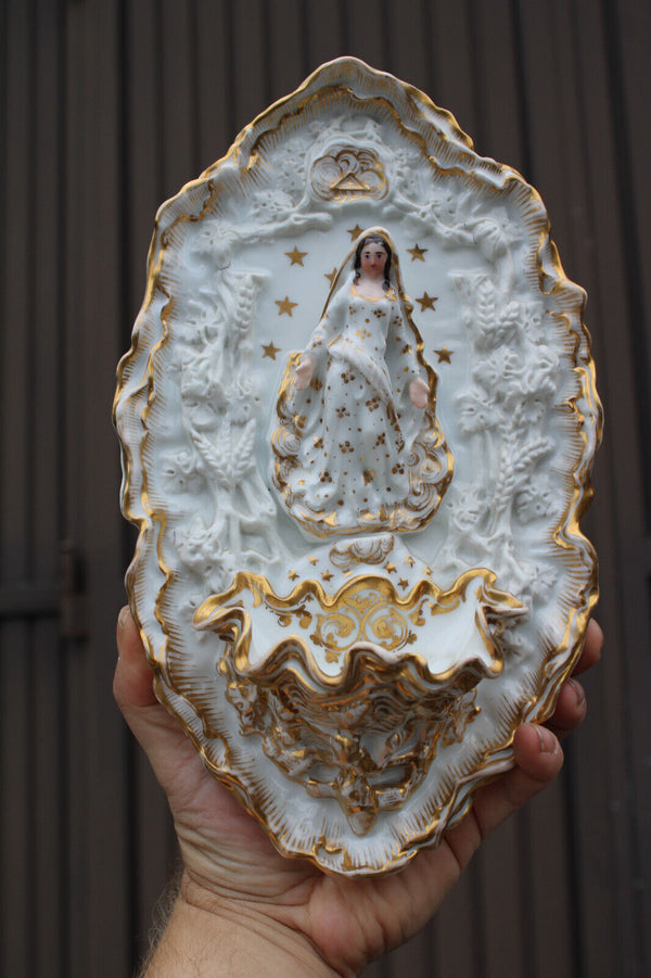 Antique french vieux paris porcelain 19thc wall holy water font madonna rare