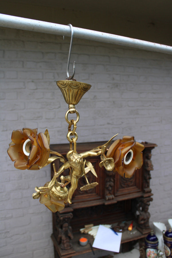 Vintage french bronze & brass putti cherub chandelier amber tulip shades