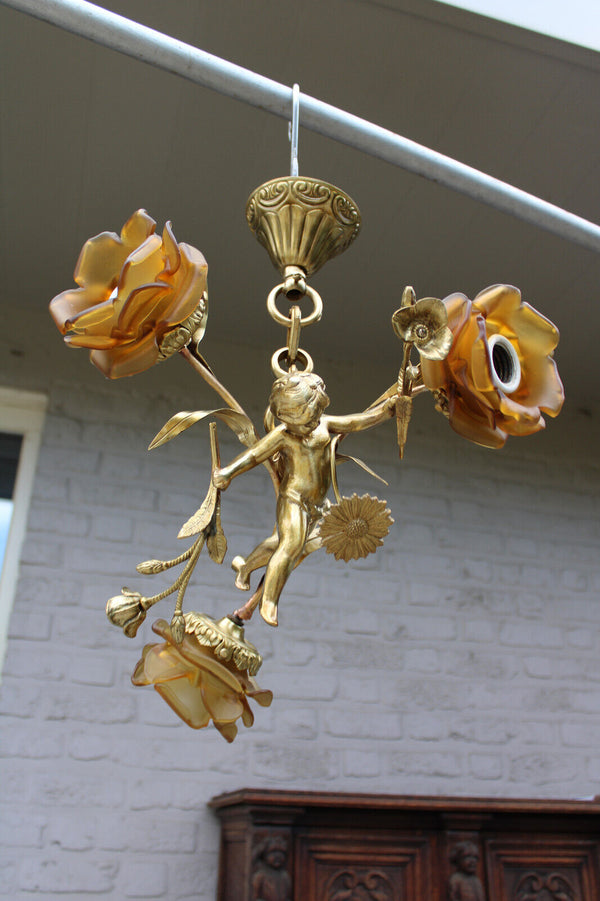 Vintage french bronze & brass putti cherub chandelier amber tulip shades