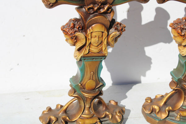 PAIR large AMORGASTI signed ceramic Church altar candelabras mary jesus angel