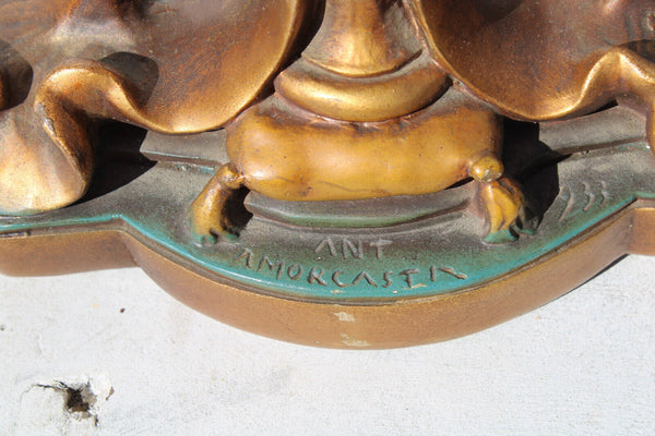 PAIR large AMORGASTI signed ceramic Church altar candelabras mary jesus angel