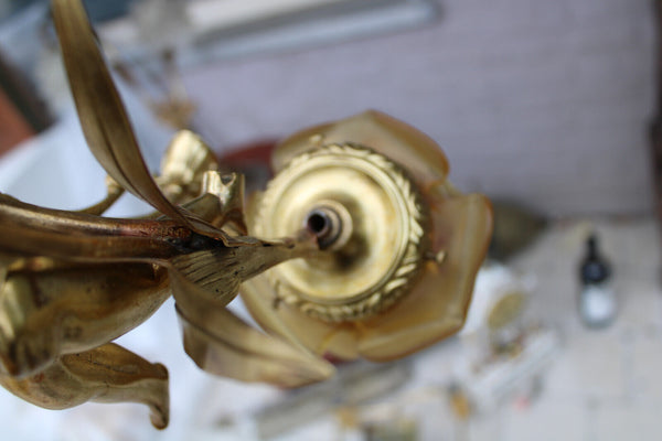 Vintage french bronze & brass putti cherub chandelier amber tulip shades