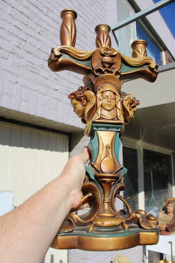 PAIR large AMORGASTI signed ceramic Church altar candelabras mary jesus angel