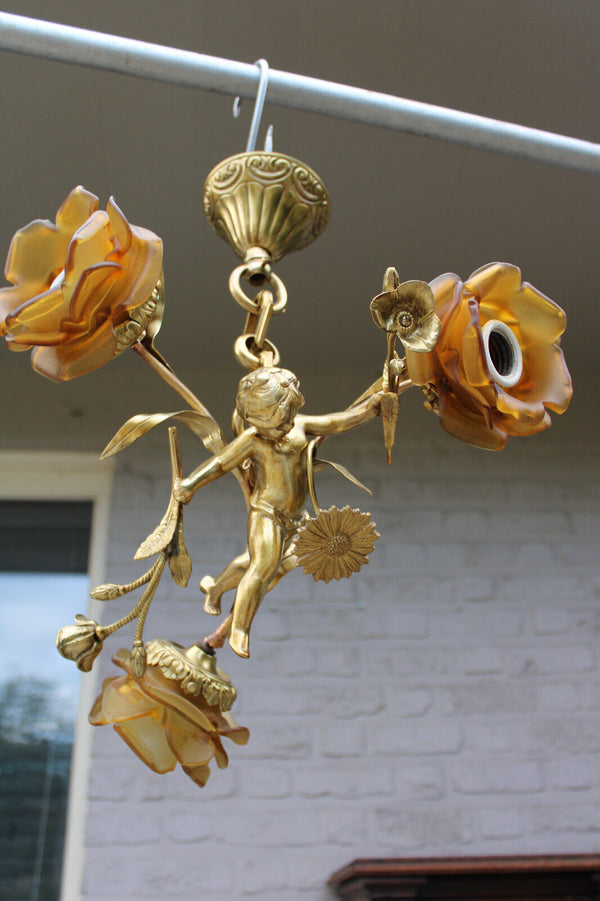 Vintage french bronze & brass putti cherub chandelier amber tulip shades