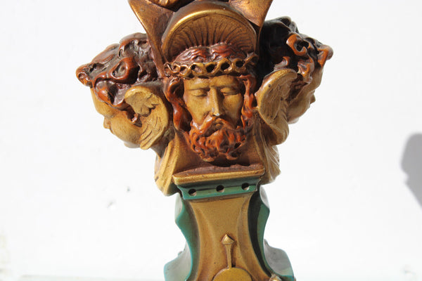 PAIR large AMORGASTI signed ceramic Church altar candelabras mary jesus angel