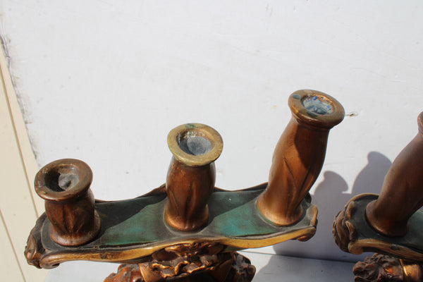 PAIR large AMORGASTI signed ceramic Church altar candelabras mary jesus angel