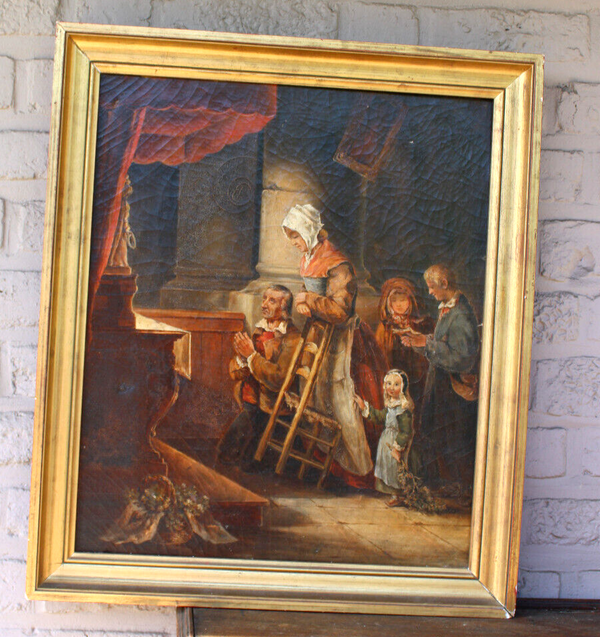 Antique 19thc French oil canvas painting family praying house altar signed