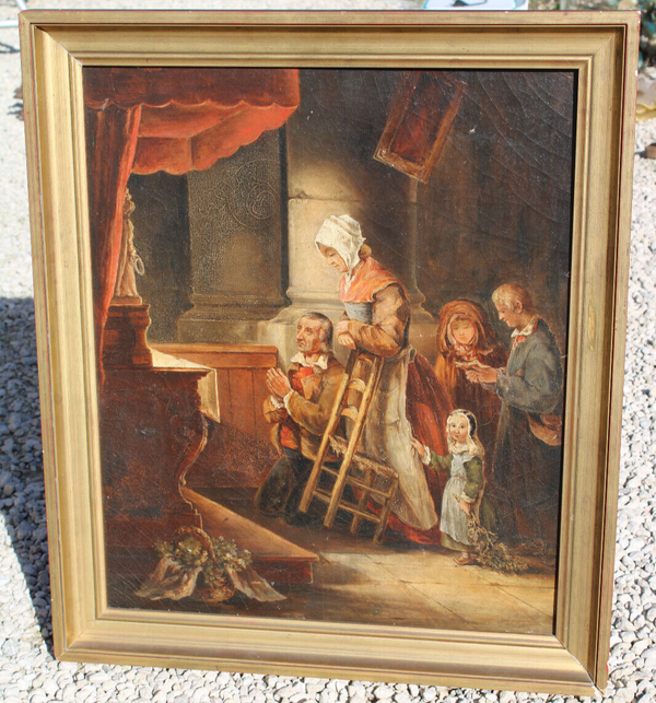 Antique 19thc French oil canvas painting family praying house altar signed