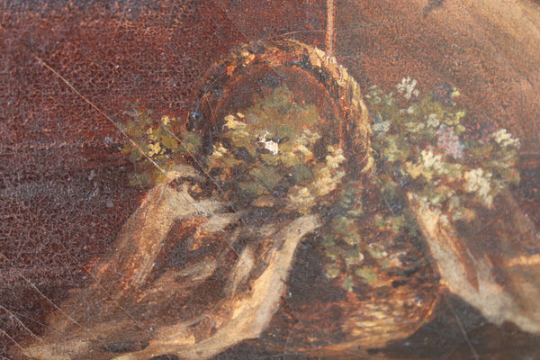 Antique 19thc French oil canvas painting family praying house altar signed