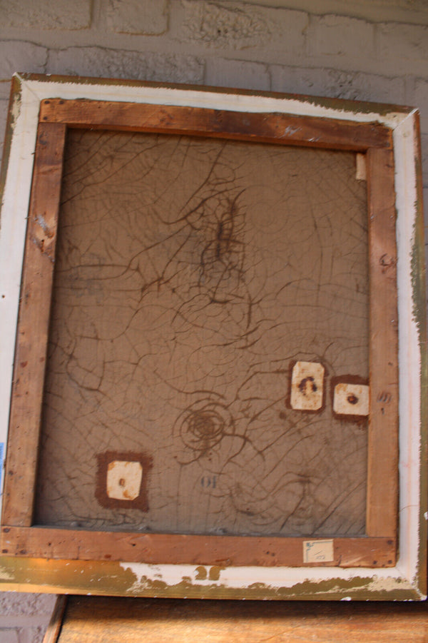 Antique 19thc French oil canvas painting family praying house altar signed