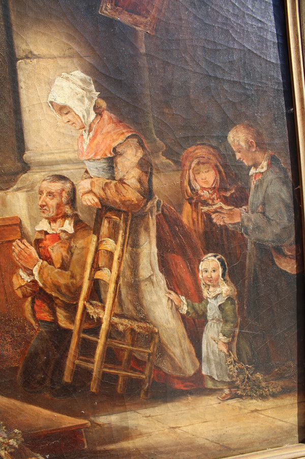 Antique 19thc French oil canvas painting family praying house altar signed
