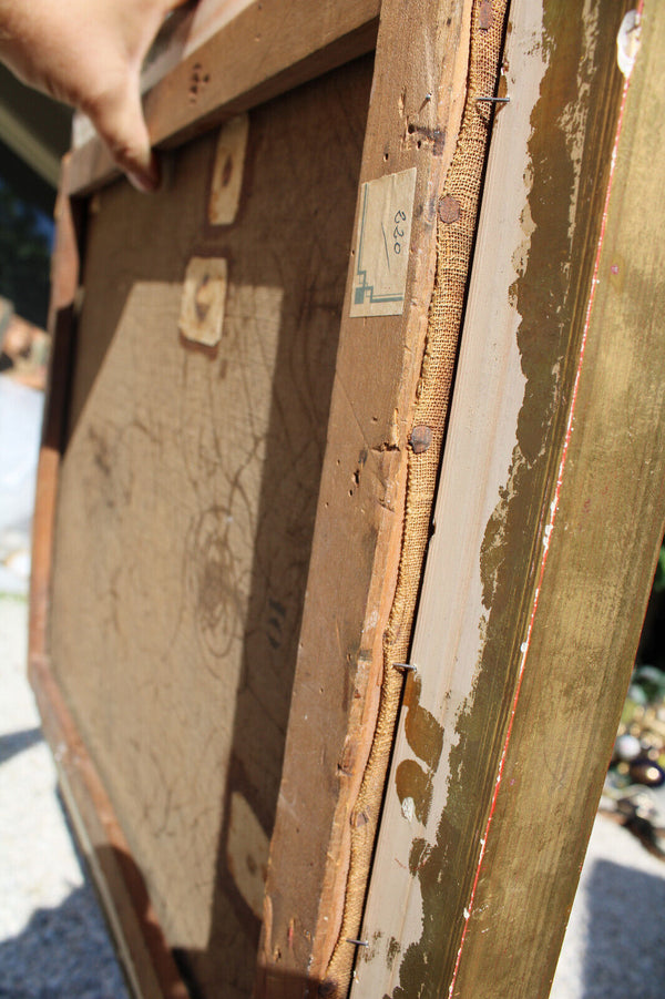 Antique 19thc French oil canvas painting family praying house altar signed