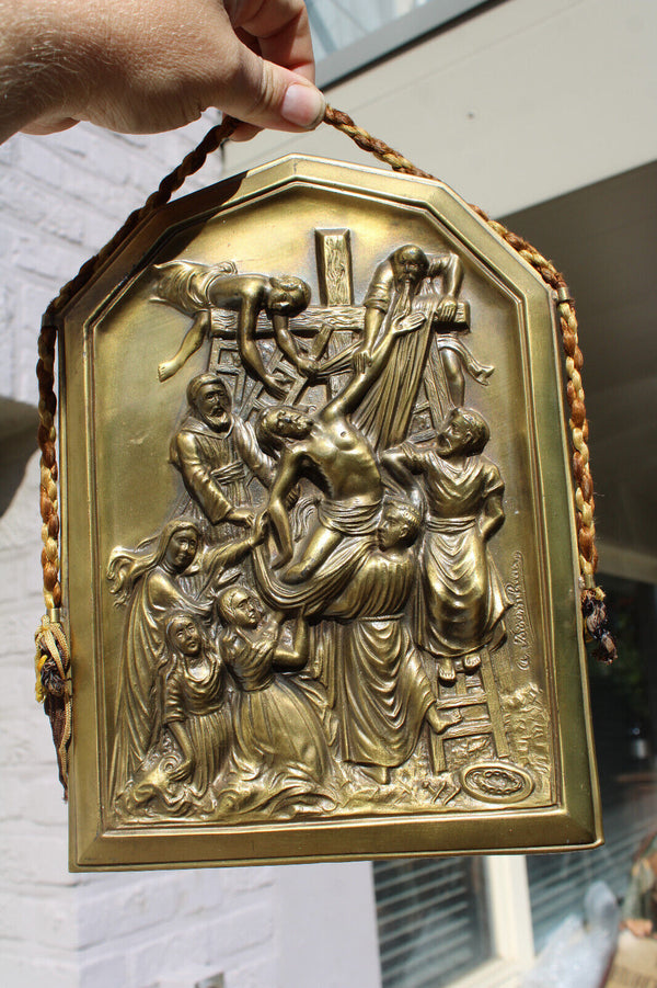Antique Flemish bronze crucifixion religious wall plaque relief panel