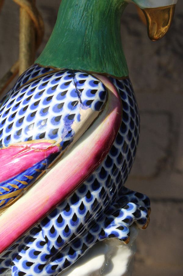 Mid century italian MANGANI signed porcelain faience parrot bird XL table lamp