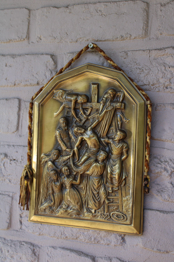 Antique Flemish bronze crucifixion religious wall plaque relief panel