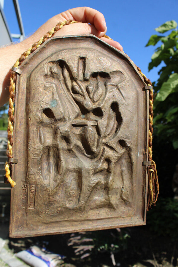 Antique Flemish bronze crucifixion religious wall plaque relief panel