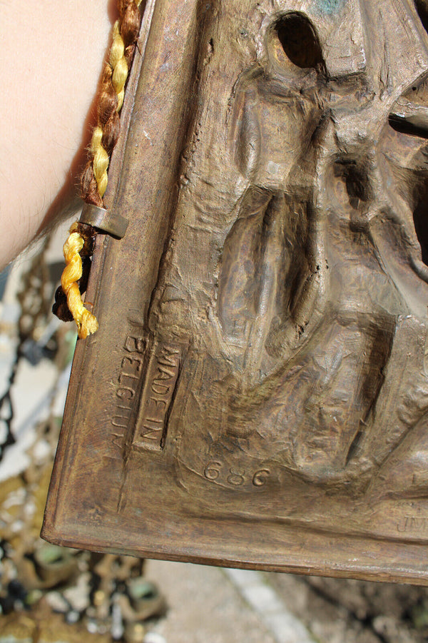 Antique Flemish bronze crucifixion religious wall plaque relief panel