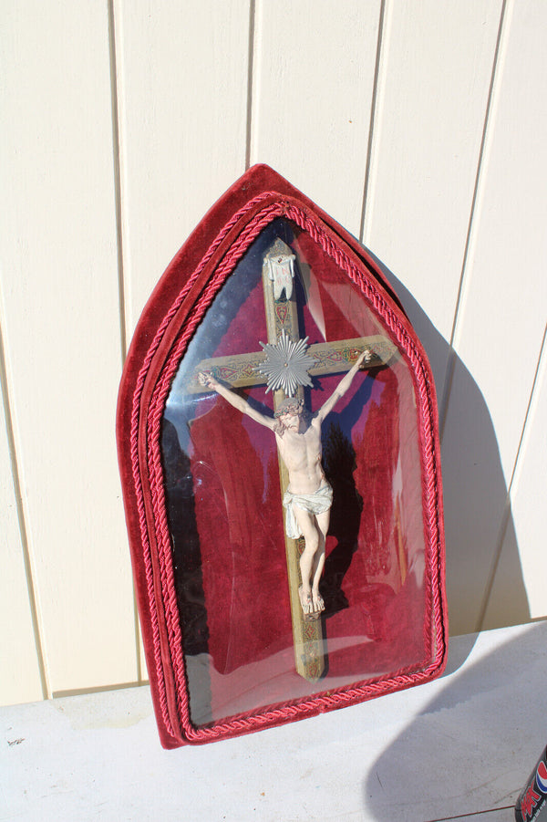 Antique Red velvet French convex glass globe crucifix rare religious