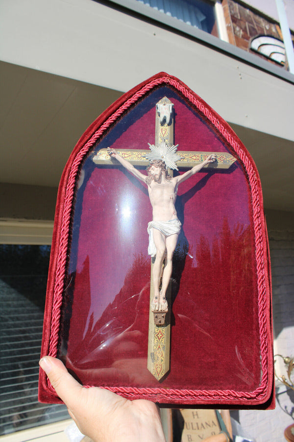 Antique Red velvet French convex glass globe crucifix rare religious