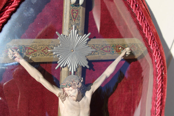 Antique Red velvet French convex glass globe crucifix rare religious