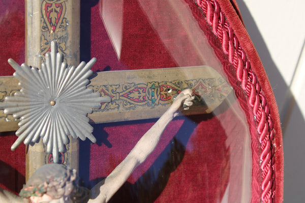 Antique Red velvet French convex glass globe crucifix rare religious