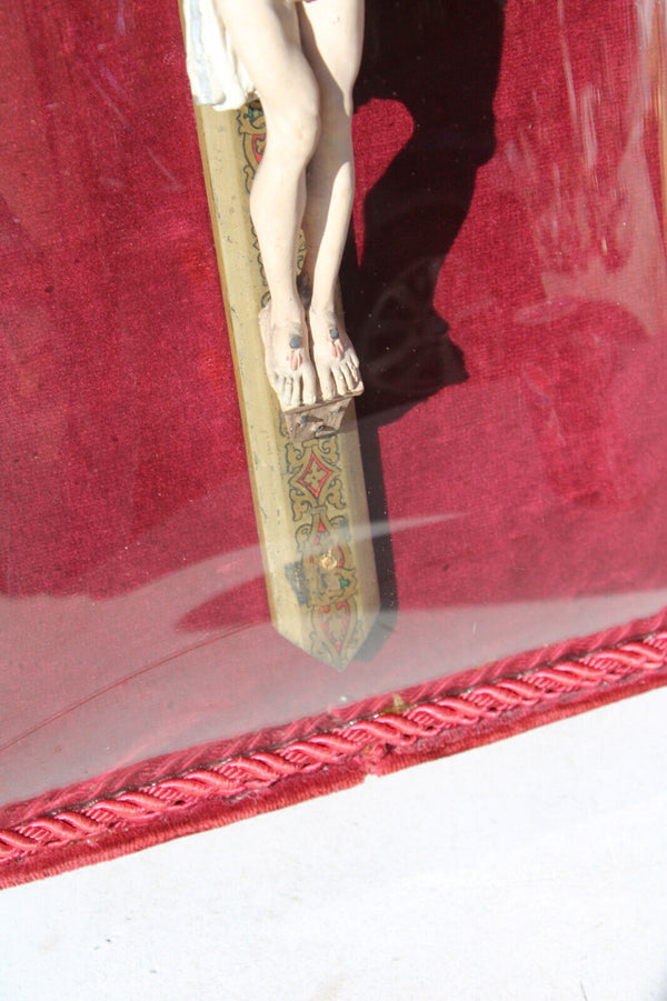 Antique Red velvet French convex glass globe crucifix rare religious