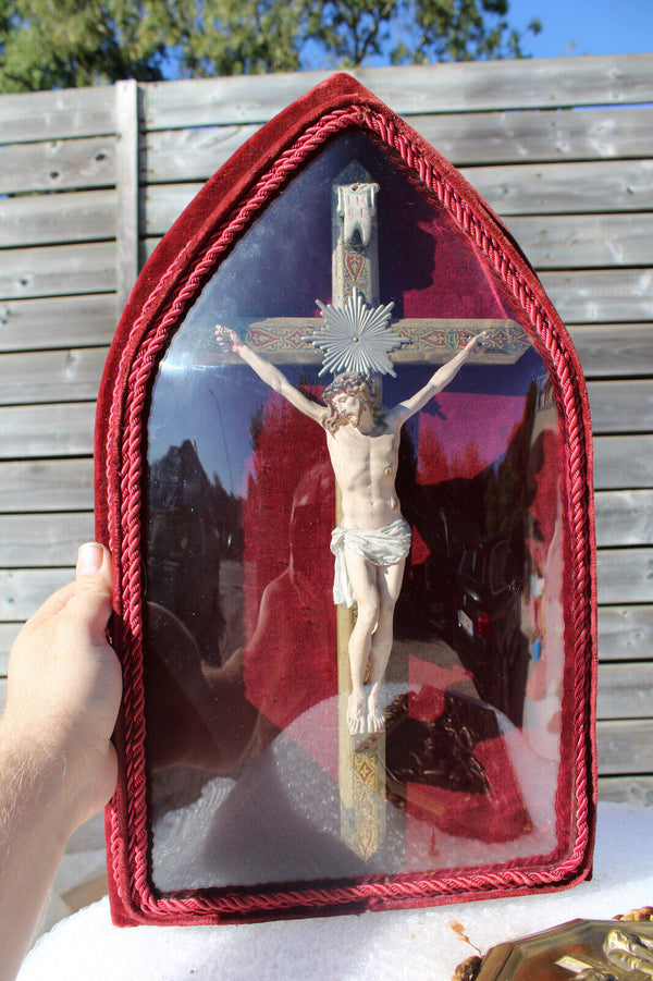 Antique Red velvet French convex glass globe crucifix rare religious