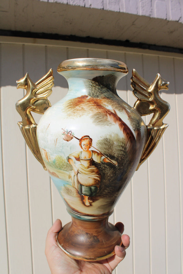 Antique Faience hand paint lady landscape dragon vase