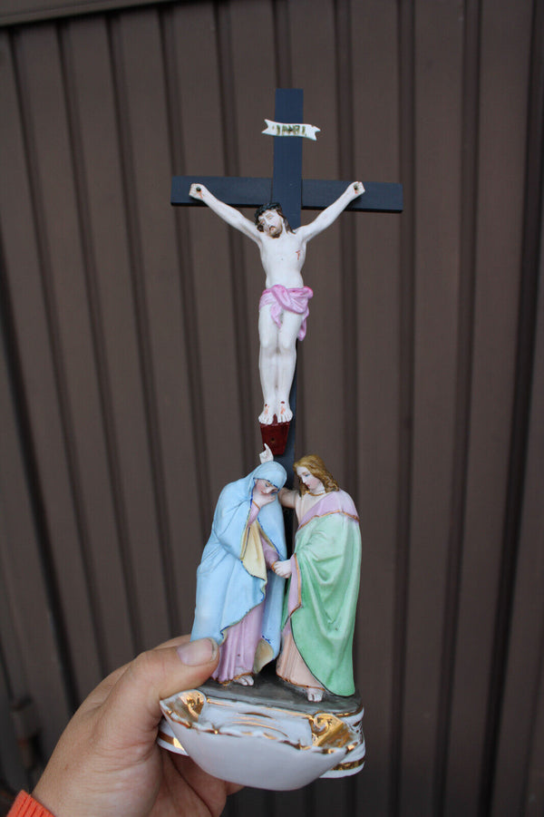 Antique Belgian vieux andenne bisque porcelain calvary crucifix holy water font