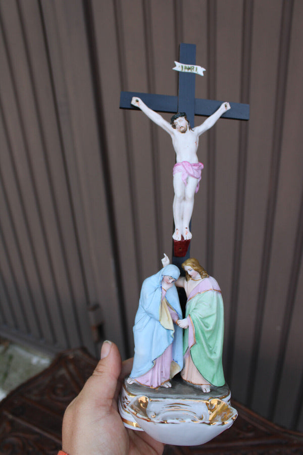 Antique Belgian vieux andenne bisque porcelain calvary crucifix holy water font
