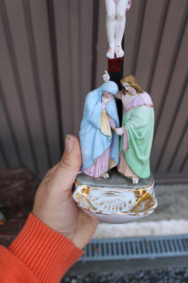 Antique Belgian vieux andenne bisque porcelain calvary crucifix holy water font