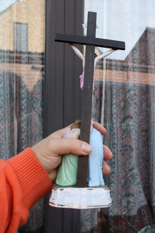 Antique Belgian vieux andenne bisque porcelain calvary crucifix holy water font