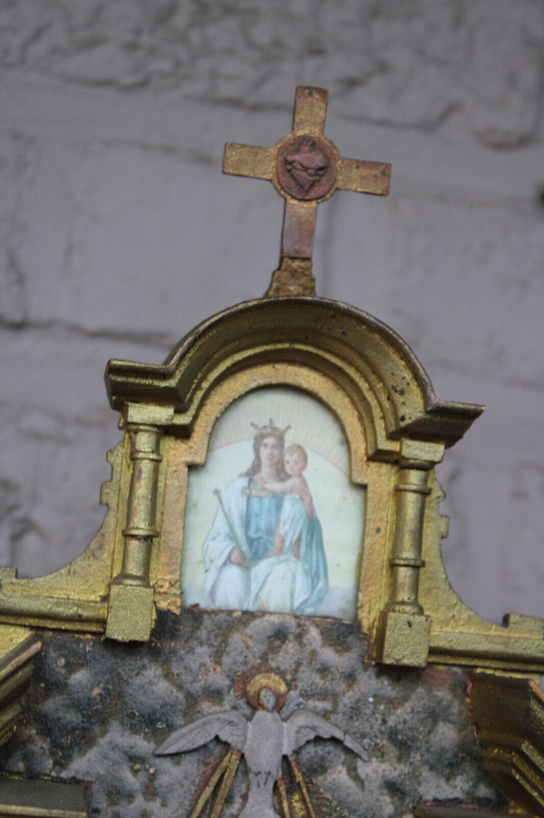 Antique religious home altar wood carved toys rare monstrance crucifix 1900s