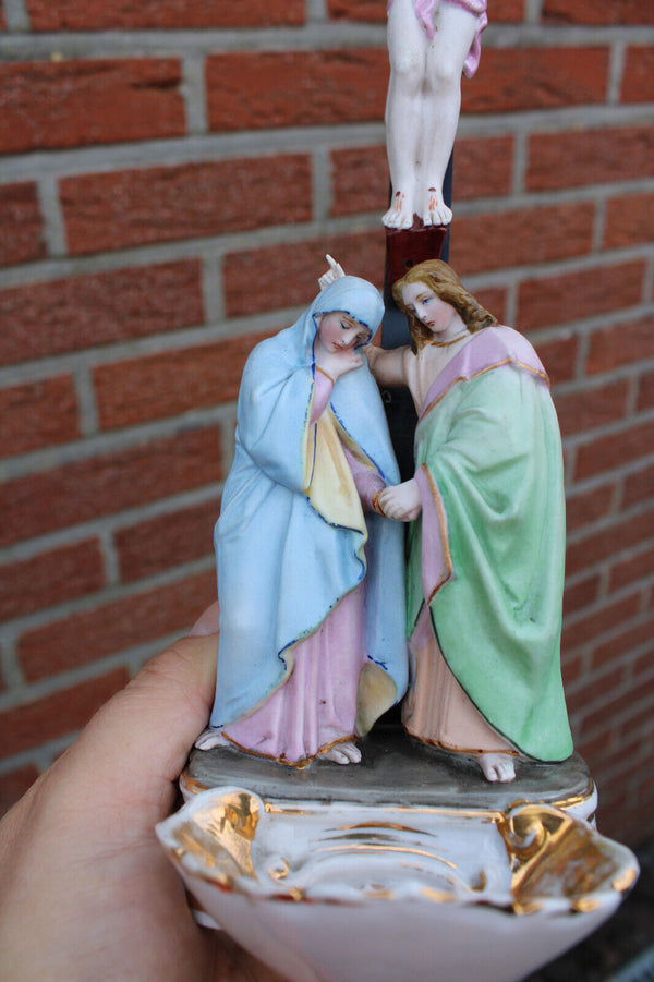 Antique Belgian vieux andenne bisque porcelain calvary crucifix holy water font