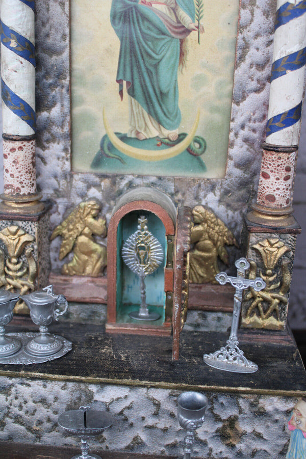 Antique religious home altar wood carved toys rare monstrance crucifix 1900s