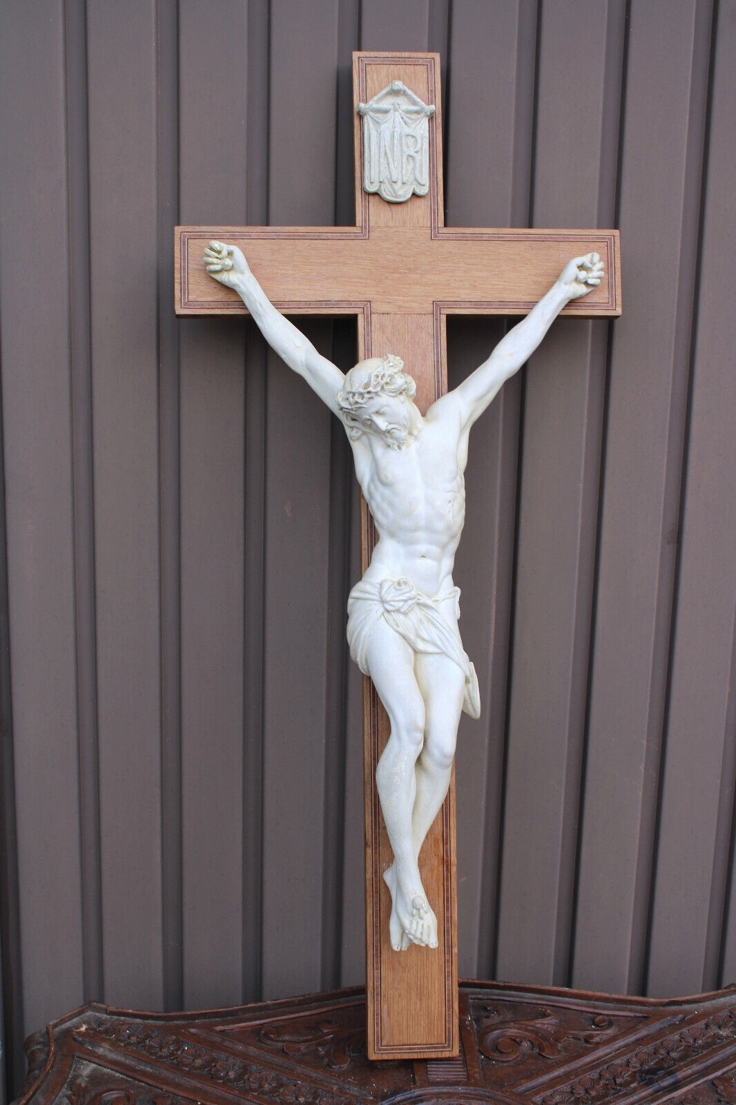Antique 35" XL church Belgian wood carved crucifix ceramic corpus christ