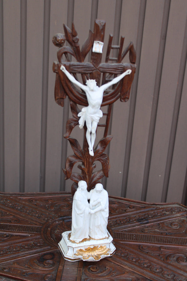 Antique large french vieux paris porcelain wood cross crucifix calvary religious