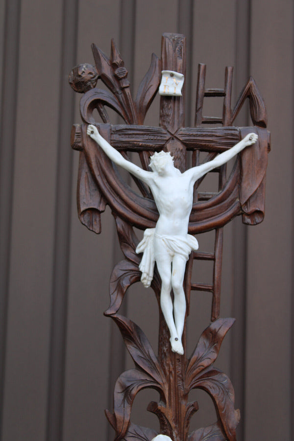 Antique large french vieux paris porcelain wood cross crucifix calvary religious